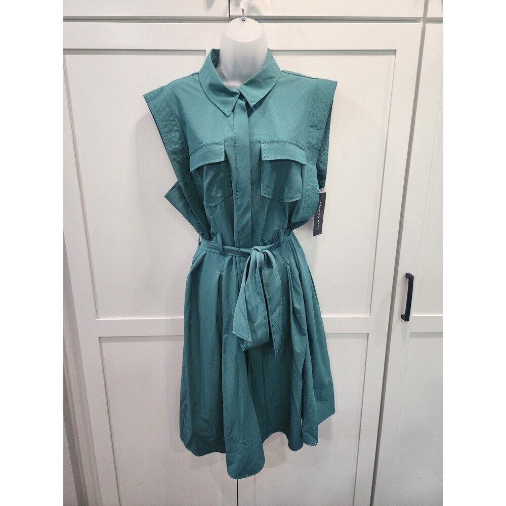 Andrew Marc Women’s Green Solid Sleeveless Button-Front Belted Shirt Dress Sz 12